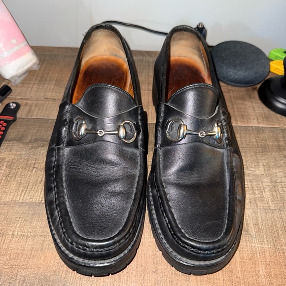Gucci Horsebit Black Leather Lug Sole Loafer Shoes